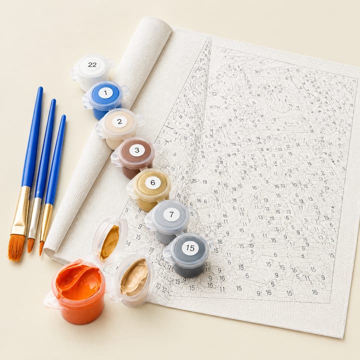 Open pots of acrylic paint from the kit