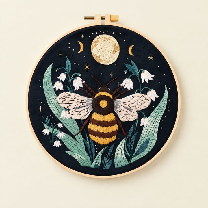 Bumblebee and full moon embroidery on black fabric in an 8 in hoop