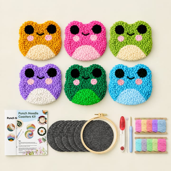 Frog faces punch needle coasters with the kit