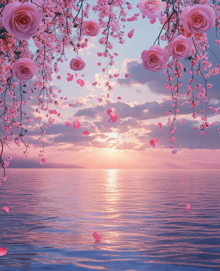 Blossom sea design: pink blossom over a calm rosy sea