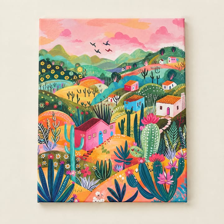 Rolling hills design: patchwork hills with little houses