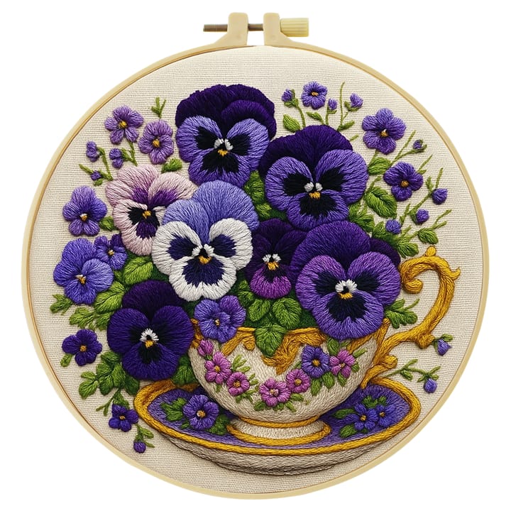 Pansy teacup embroidery in a hoop on black