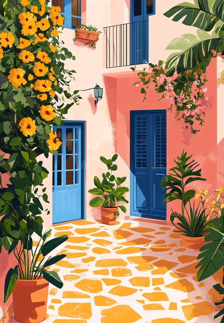 Blue doors design: blue doors in a pink wall with yellow flowers