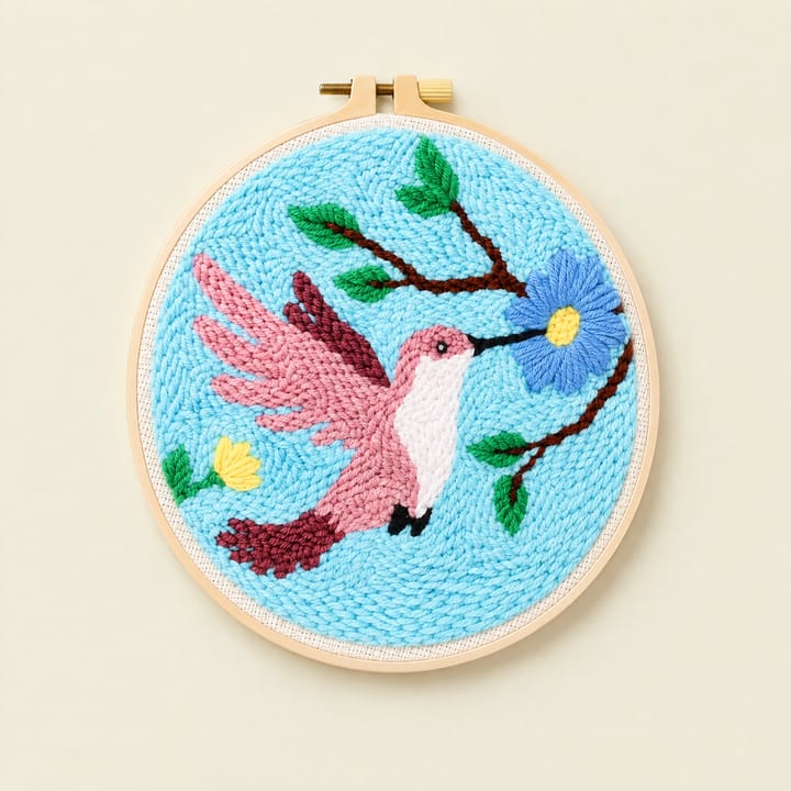 Cute Animal Punch Needle Kit, Hummingbird and blue flower