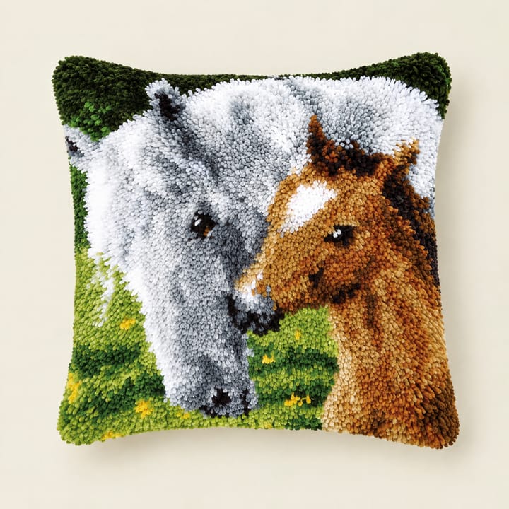 Mare and foal latch hook pillow, 17 x 17 in