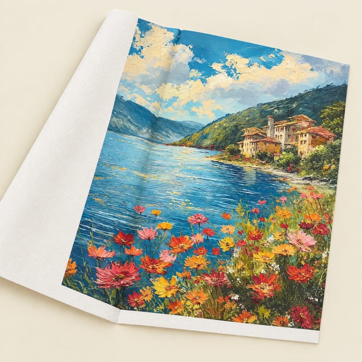 Lake village design: ochre houses above turquoise water with red wildflowers