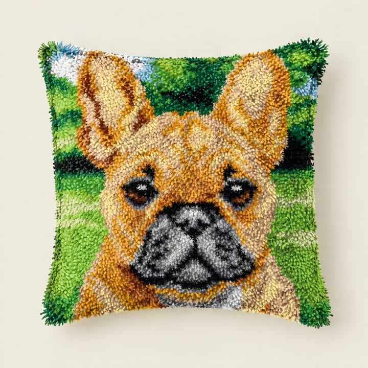 French bulldog latch hook pillow, 17 x 17 in