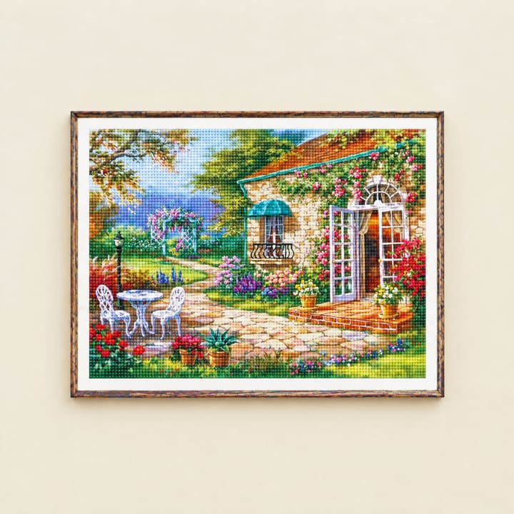 Cottage and Stream Diamond Art Kit, Stone house with open French doors
