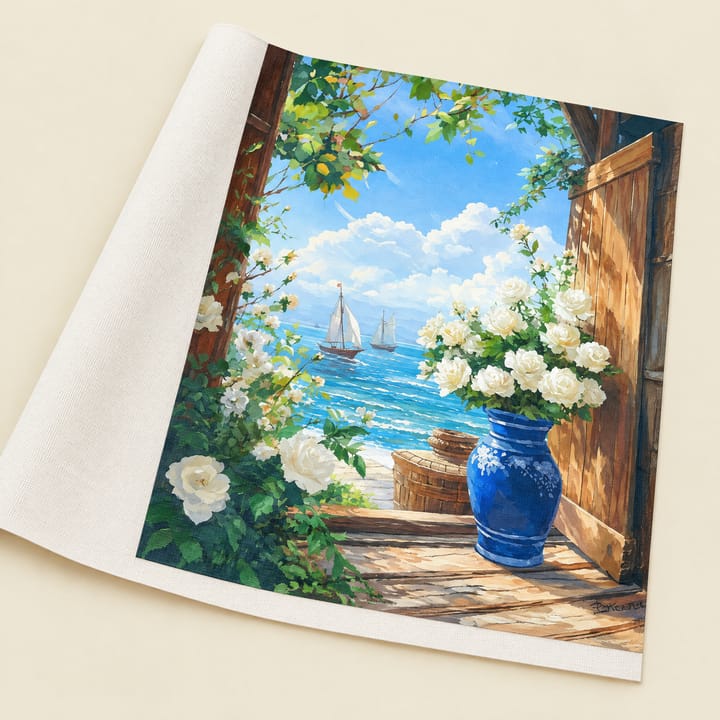 Roses at the window design: white roses in a blue vase by an open shutter over the sea