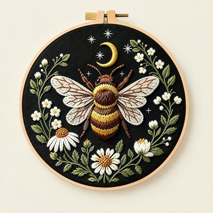 Honeybee embroidery on black fabric in an 8 in hoop