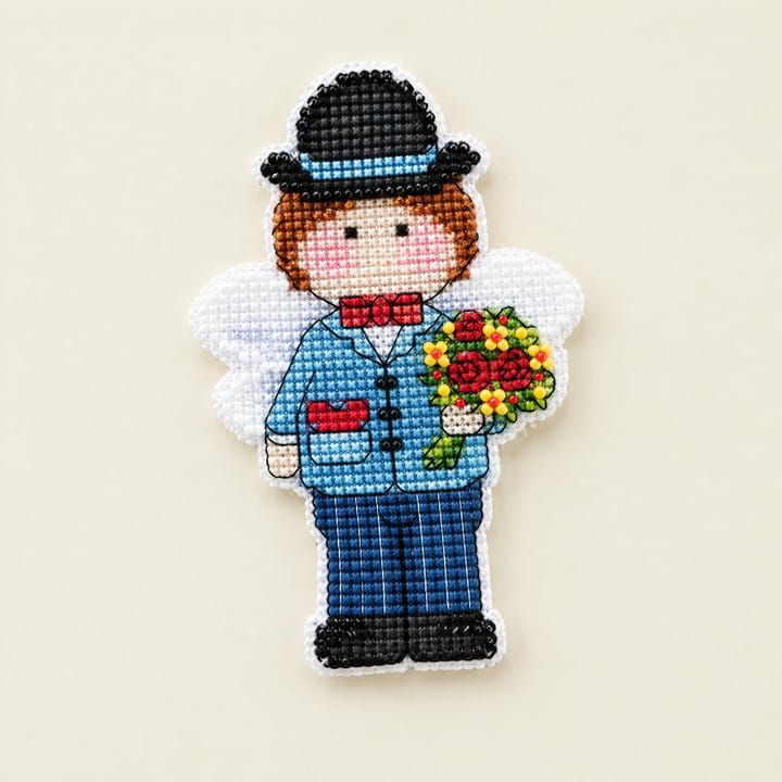 Angel Fridge Magnet Cross Stitch Kit, Boy with flowers