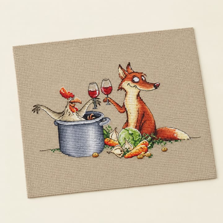 Fox and Hen Cross Stitch Kit, Fox and hen with wine