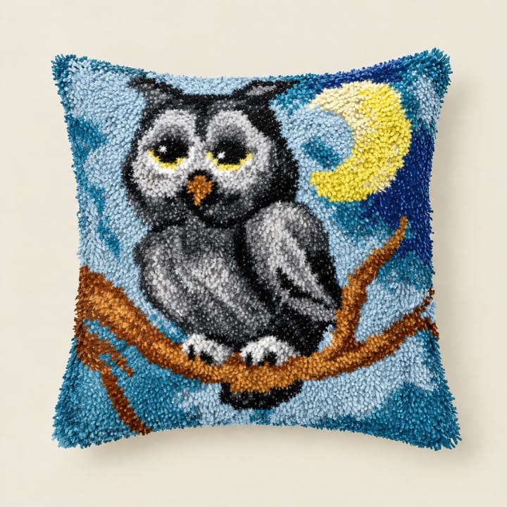 Owl and moon latch hook pillow, 17 x 17 in