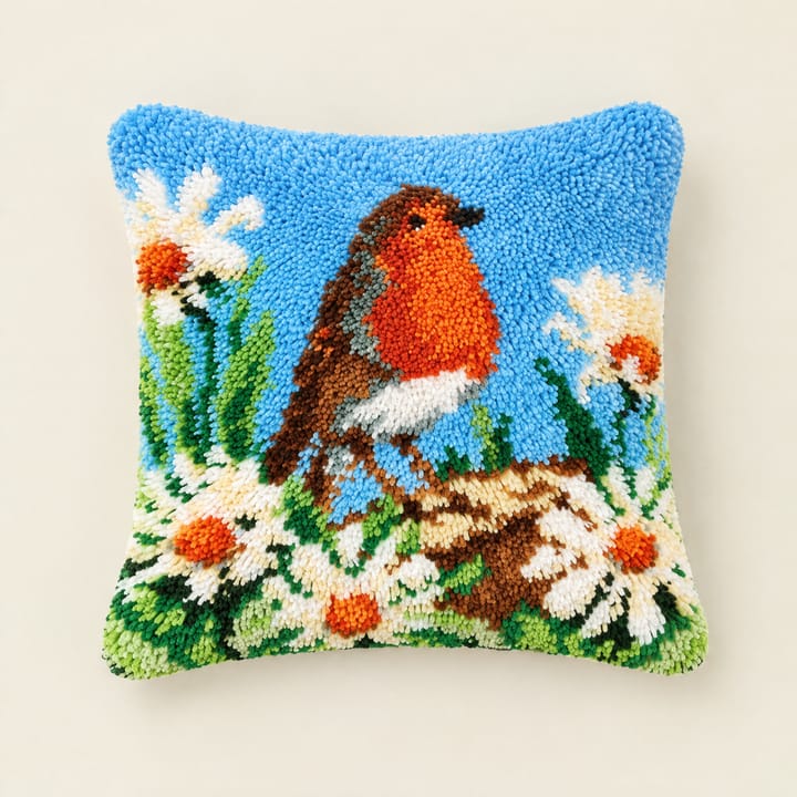 Robin in daisies latch hook pillow, 17 x 17 in