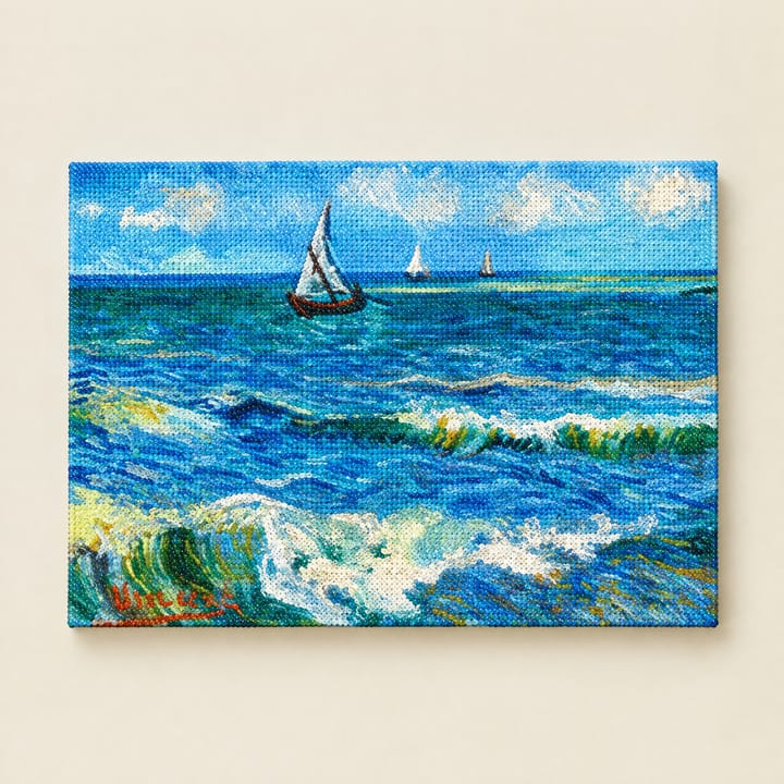Seascape design: green waves and sailboats under a bright sky