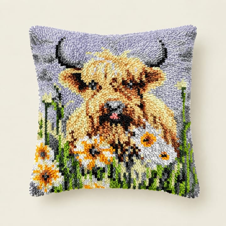 Highland calf latch hook pillow, 17 x 17 in