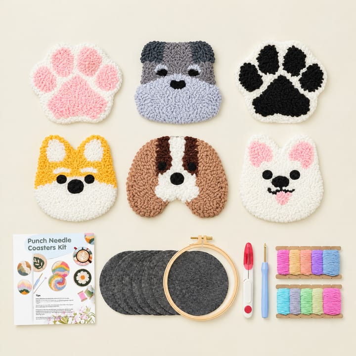 Paws and pups punch needle dog coasters with the kit