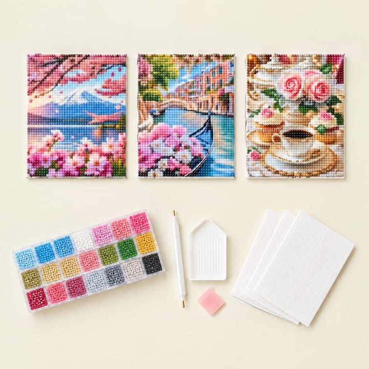 Fuji lake, Venice canal and coffee and roses canvases framed above a wooden console