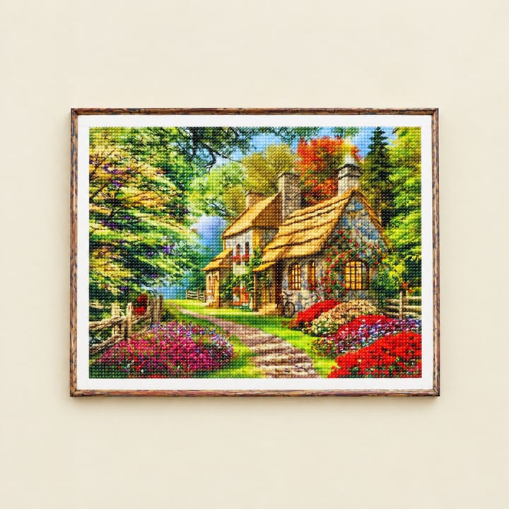 Cottage and Stream Diamond Art Kit, Stone cottage with flower garden