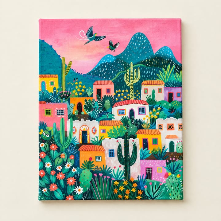 Cactus town design: colorful houses between tall cacti