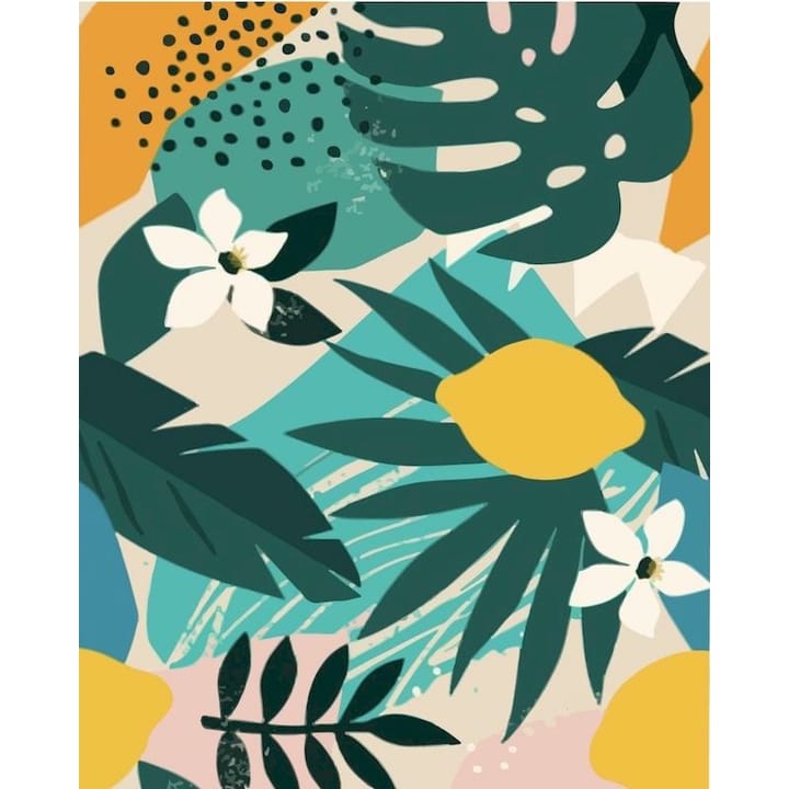 Modern leaves design: lemons with teal leaves and white flowers