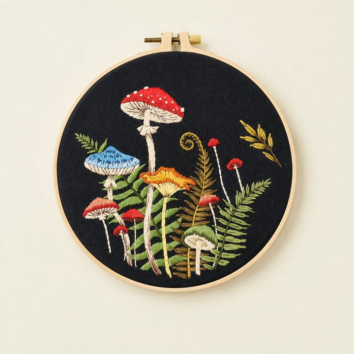 Fern hollow mushroom embroidery on black fabric, 8 in hoop