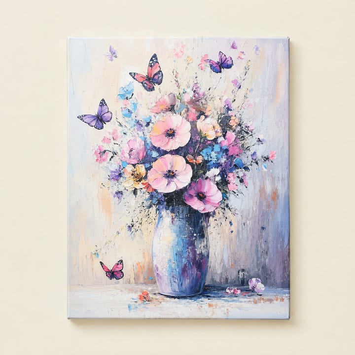Soft bouquet design: pink and lilac flowers in a gray-blue vase
