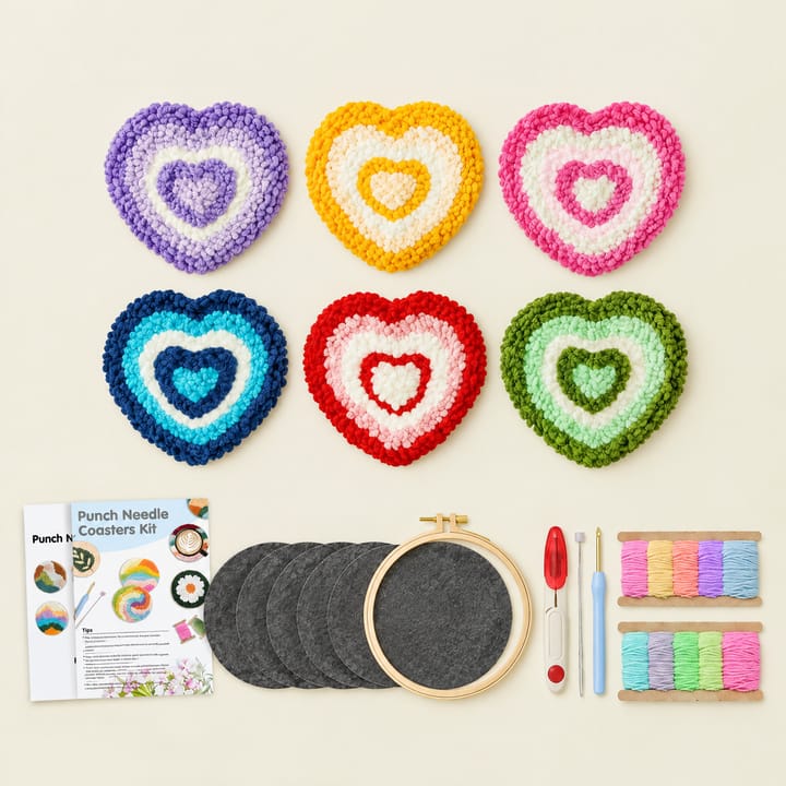 Heart rings punch needle coasters with the kit