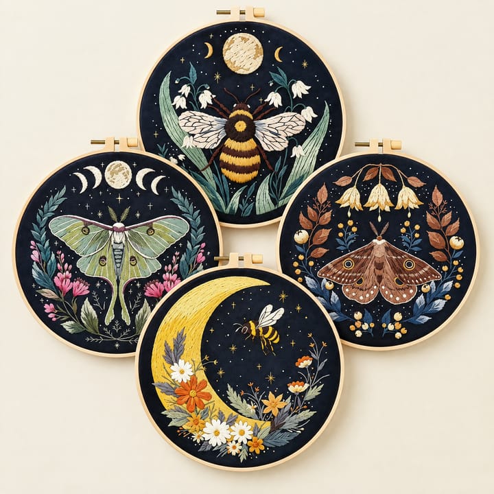 Four moon and moth embroidery hoops on black fabric
