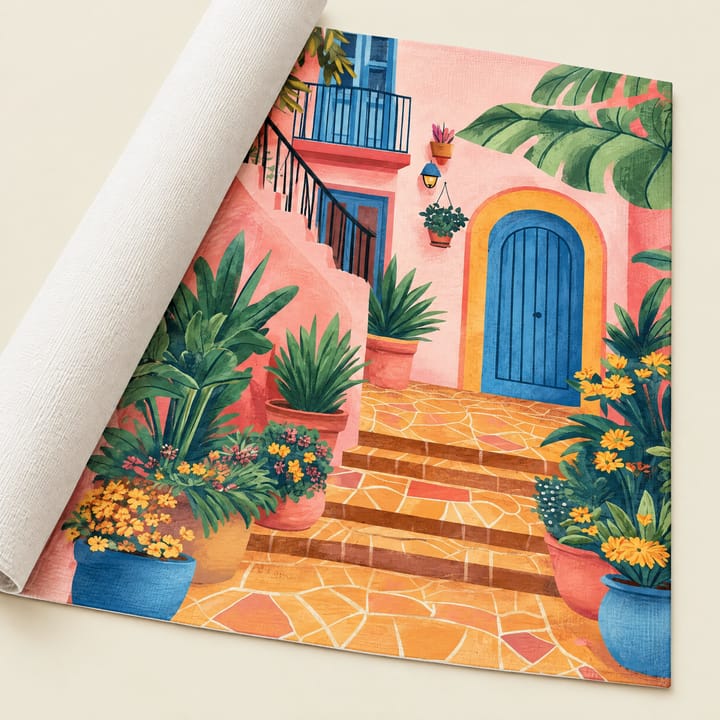 Blue door steps design: terracotta steps to a blue door