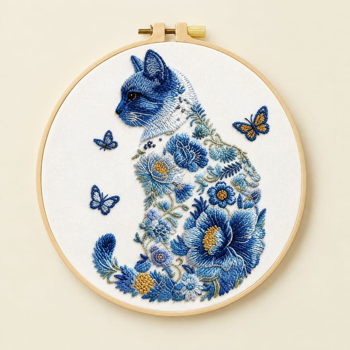 Blue floral cat embroidery with orange and blue butterflies