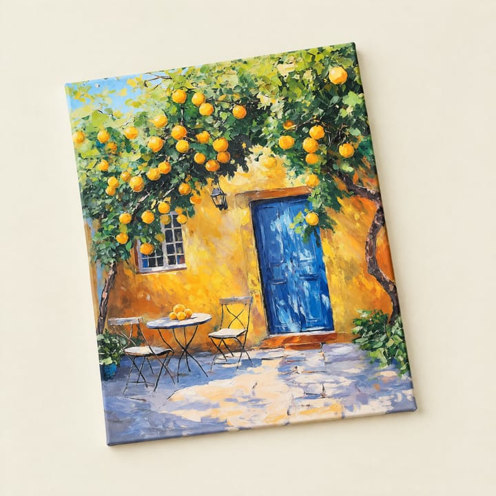 Blue door courtyard design: a lemon tree over an ochre house with a bistro table