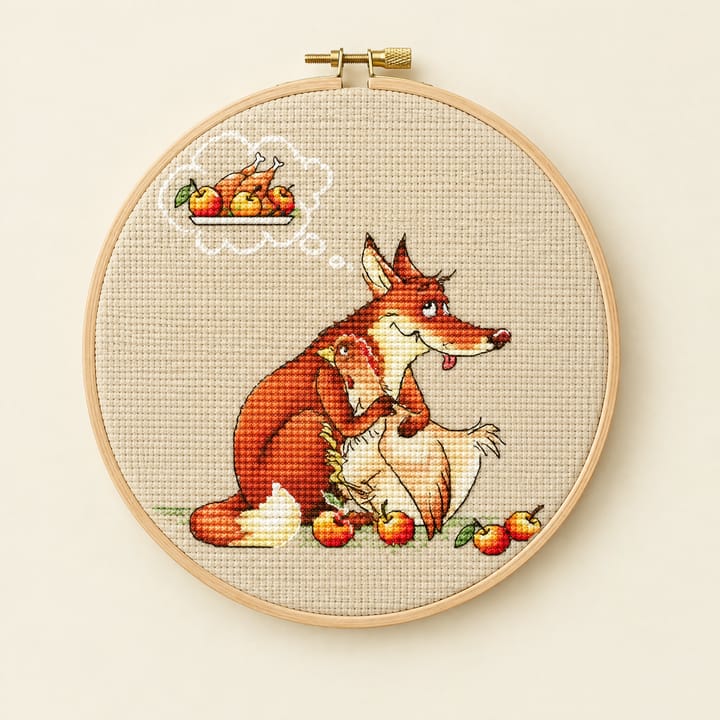 Fox and Hen Cross Stitch Kit, Fox hugging hen with thought bubble