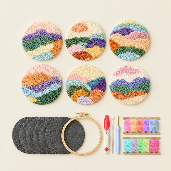 Rainbow peaks punch needle coasters with the kit