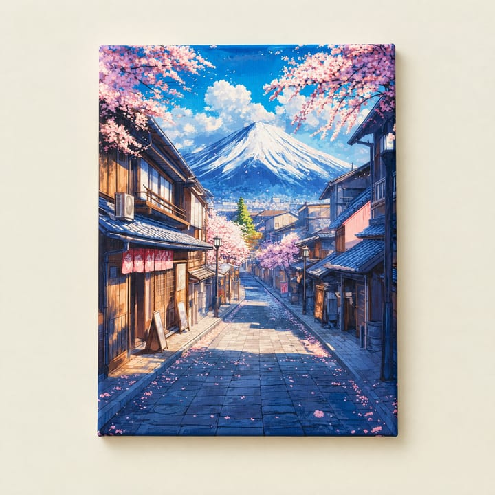 Sakura street design: old wooden houses under cherry blossom with Mount Fuji at the end of the road