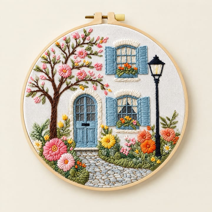 Blue door cottage embroidery: blossom tree, street lamp and flower garden