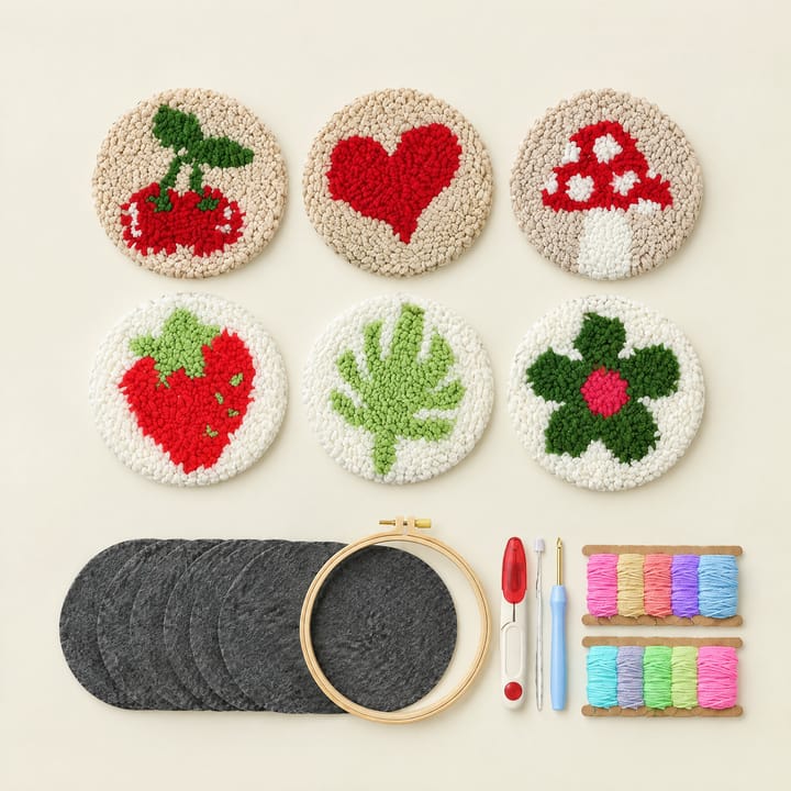 Cherry and clover punch needle coasters with the kit