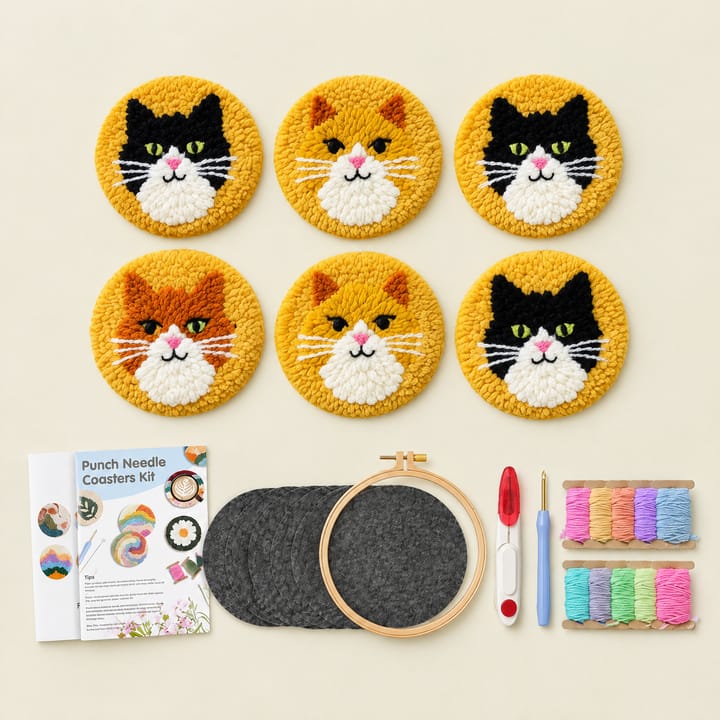 Sunny round cats punch needle coasters with the kit