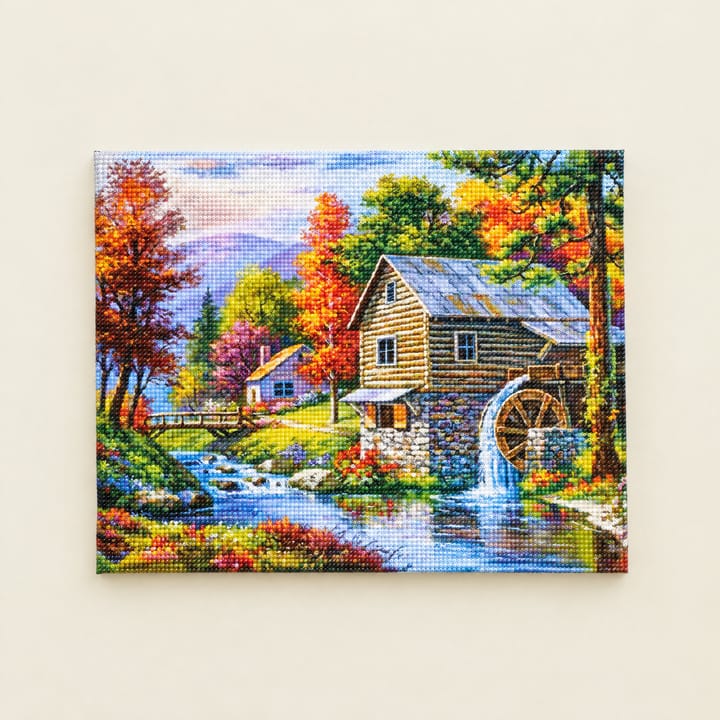 Cottage and Stream Diamond Art Kit, Watermill in autumn forest