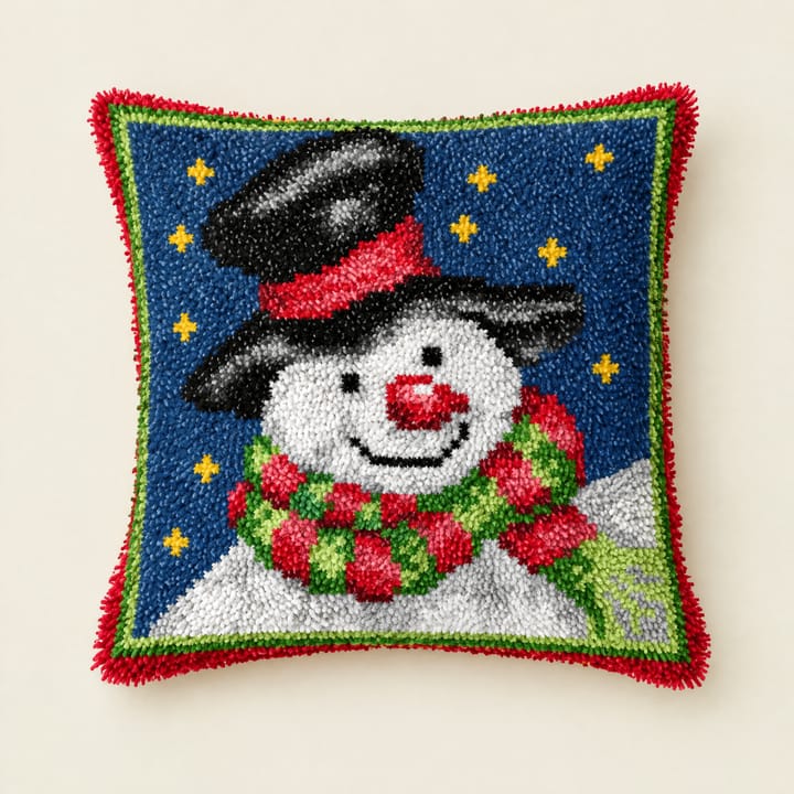 Snowman on blue Christmas latch hook pillow, 17 x 17 in