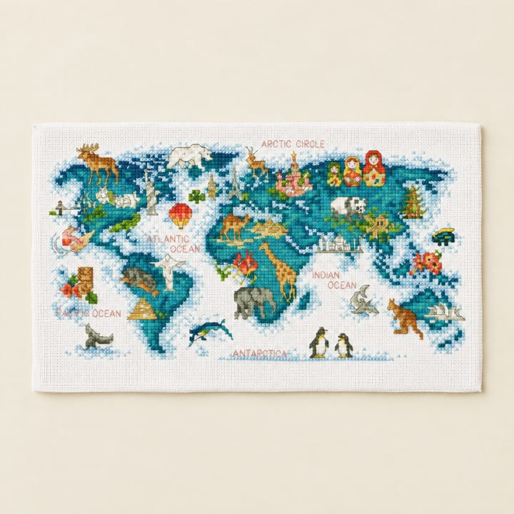 Animal world map cross stitch design with teal continents, wildlife and landmarks