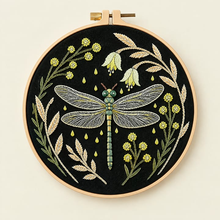 Dragonfly embroidery on black fabric in an 8 in hoop