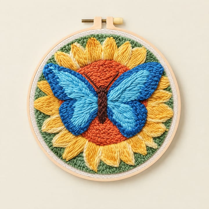 Animal Punch Needle Starter Kit, Blue butterfly on sunflower