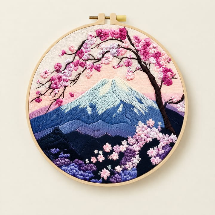 Mount Fuji blossom embroidery hoop on a sunny yellow shelf