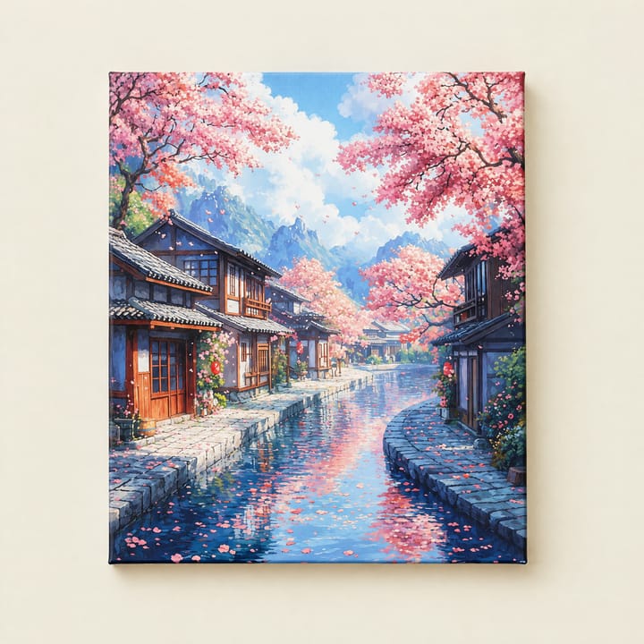Sakura canal design: a canal between wooden houses under pink cherry blossom