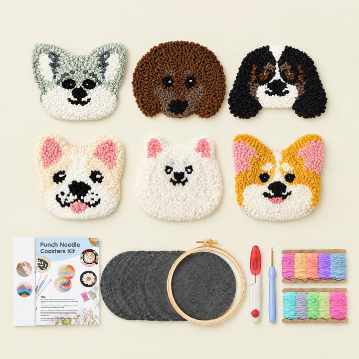 Fluffy friends punch needle dog coasters with the kit