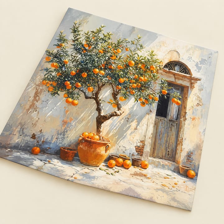 Orange tree paint by number design: a potted orange tree beside a weathered wooden door