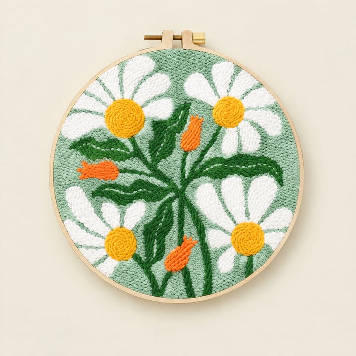 Floral Punch Needle Kit, White daisies with orange buds