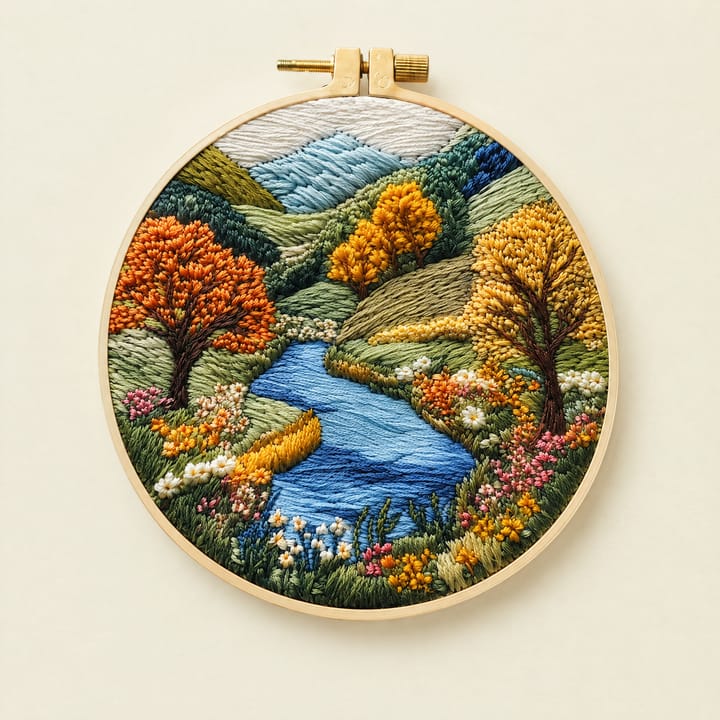 Autumn stream landscape embroidery in a 6 in hoop