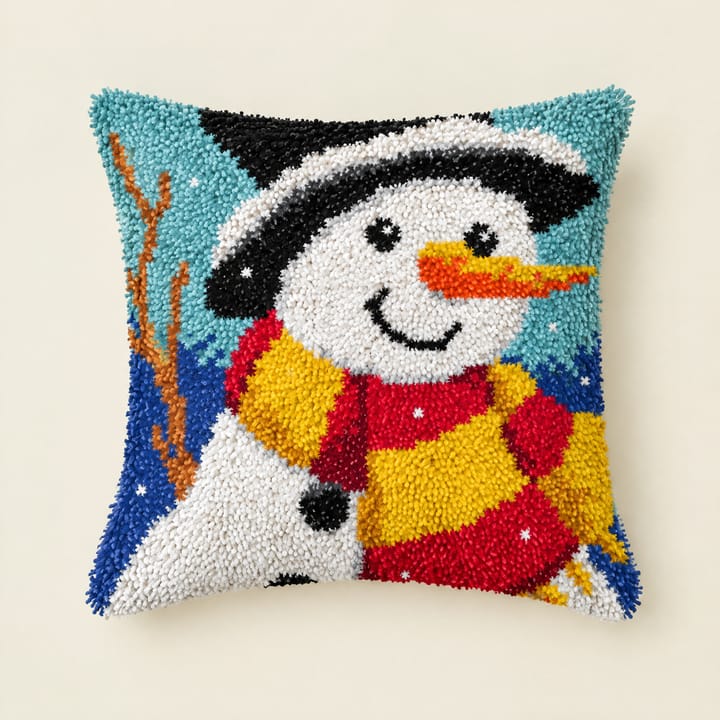 Snowman in a scarf Christmas latch hook pillow, 17 x 17 in